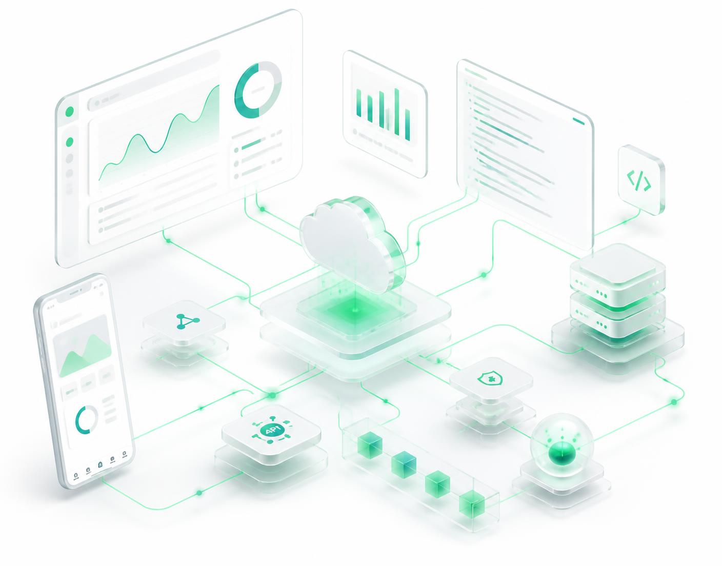Illustration of a connected digital ecosystem with dashboards, cloud, APIs and data pipelines